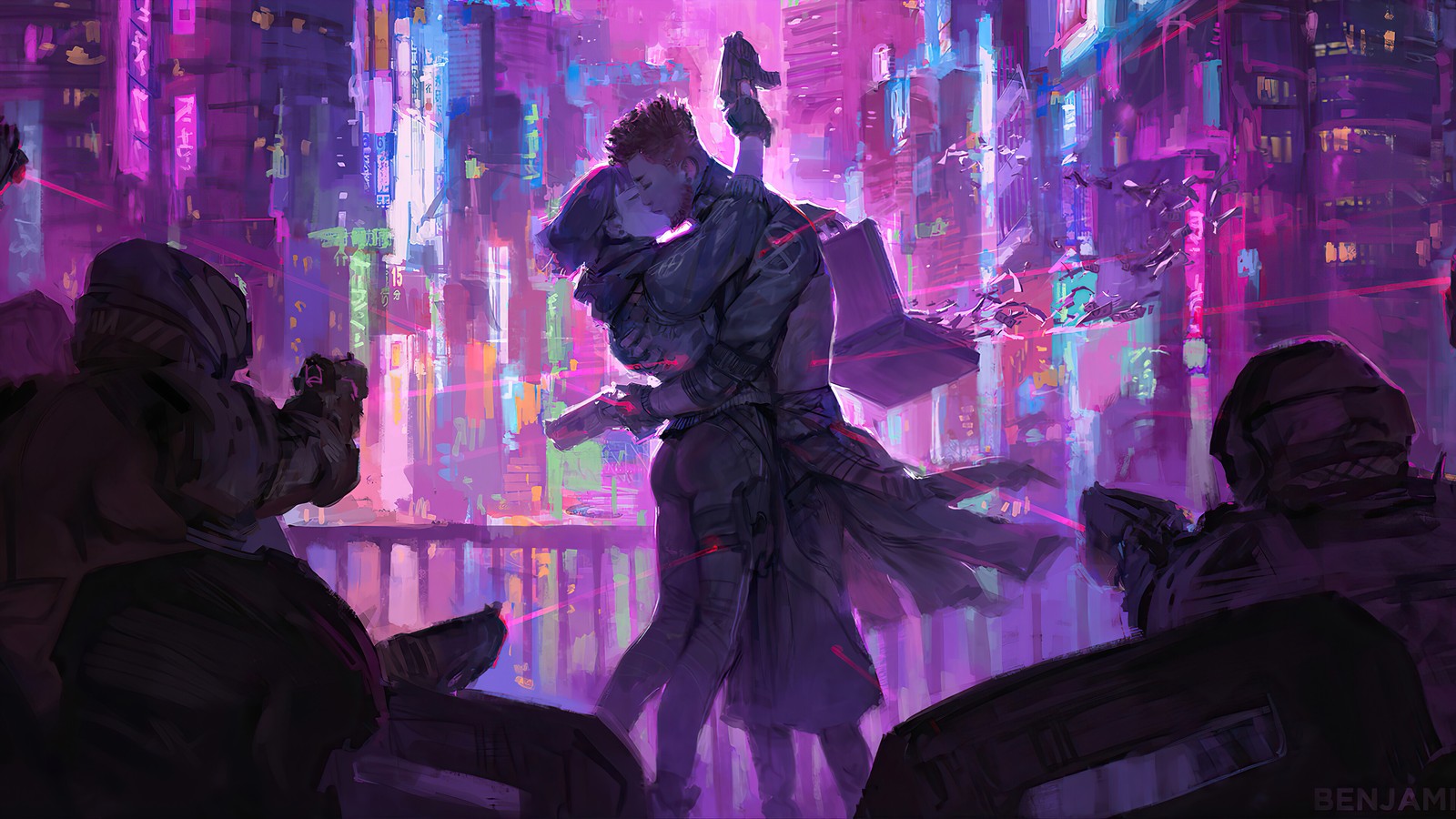 Une peinture d'un homme se tenant devant une foule de personnes (cyberpunk, couple, baiser, science fiction, ville)