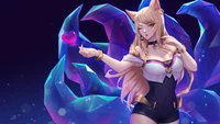 Ahri de K/DA guiñando un ojo con un corazón en un entorno de fantasía vibrante