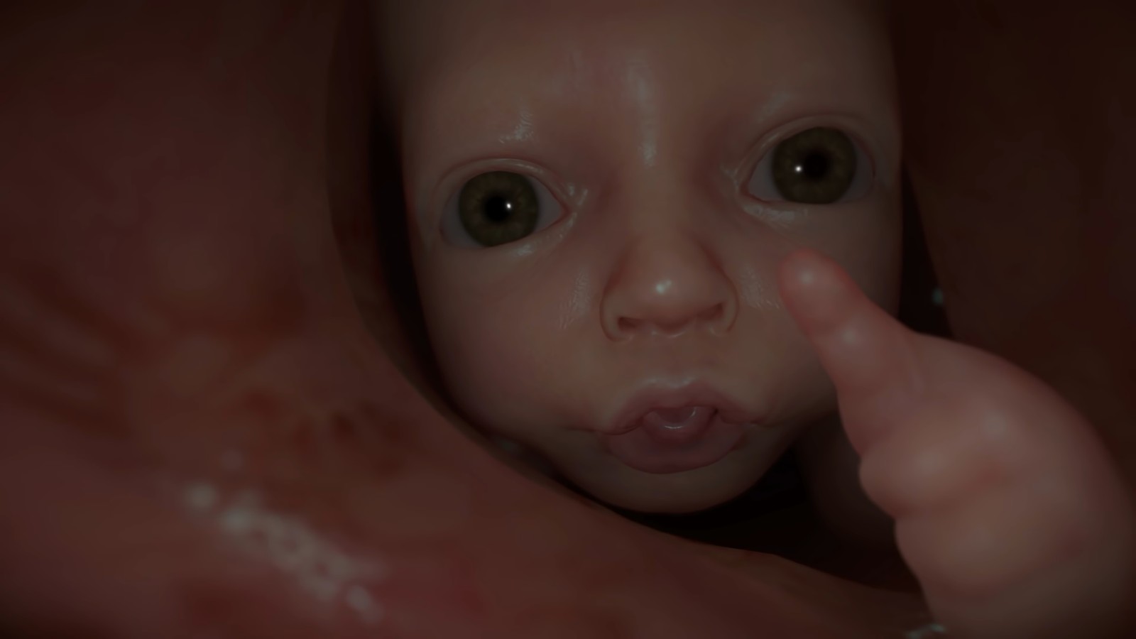 Un bebé que mira a la cámara con un dedo (death stranding, videojuego, bebé)