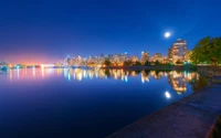 Vibrant Cityscape Reflections Under a Moonlit Night Sky