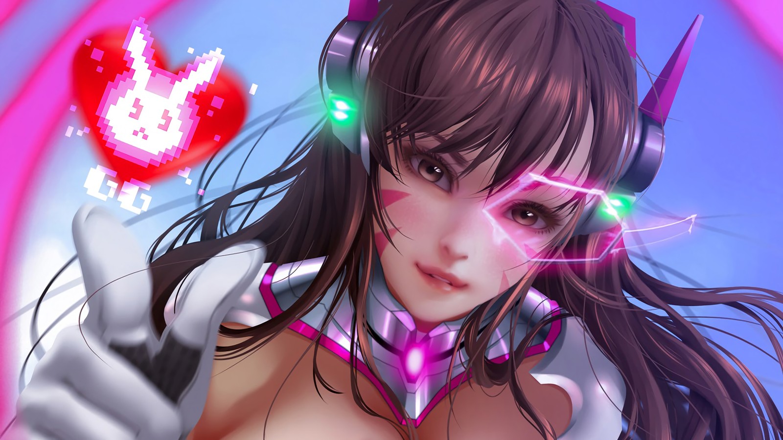 Anime girl with glowing eyes and headphones holding a red heart (dva, overwatch, video game)