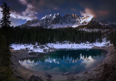 Lac glaciaire tranquille reflétant des montagnes enneigées au crépuscule