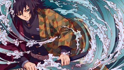 Giyu Tomioka, le Hashira de l'Eau, brandissant son épée au milieu des vagues tourbillonnantes, incarnant force et détermination de "Demon Slayer: Kimetsu no Yaiba.