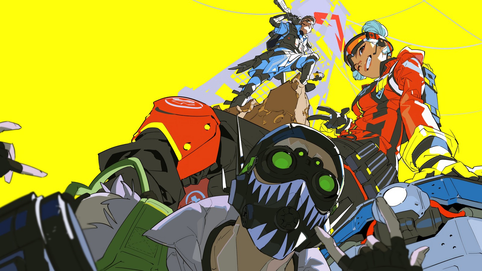 A cartoon of a bunch of people riding on top of a motorcycle (apex legends, video game, octane, lifeline, bangalore)