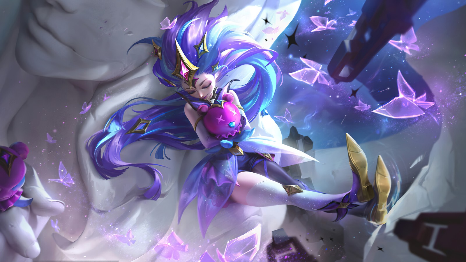 A woman with long hair and a purple outfit is holding a sword (zoe, star guardian, league of legends, lol, video game)