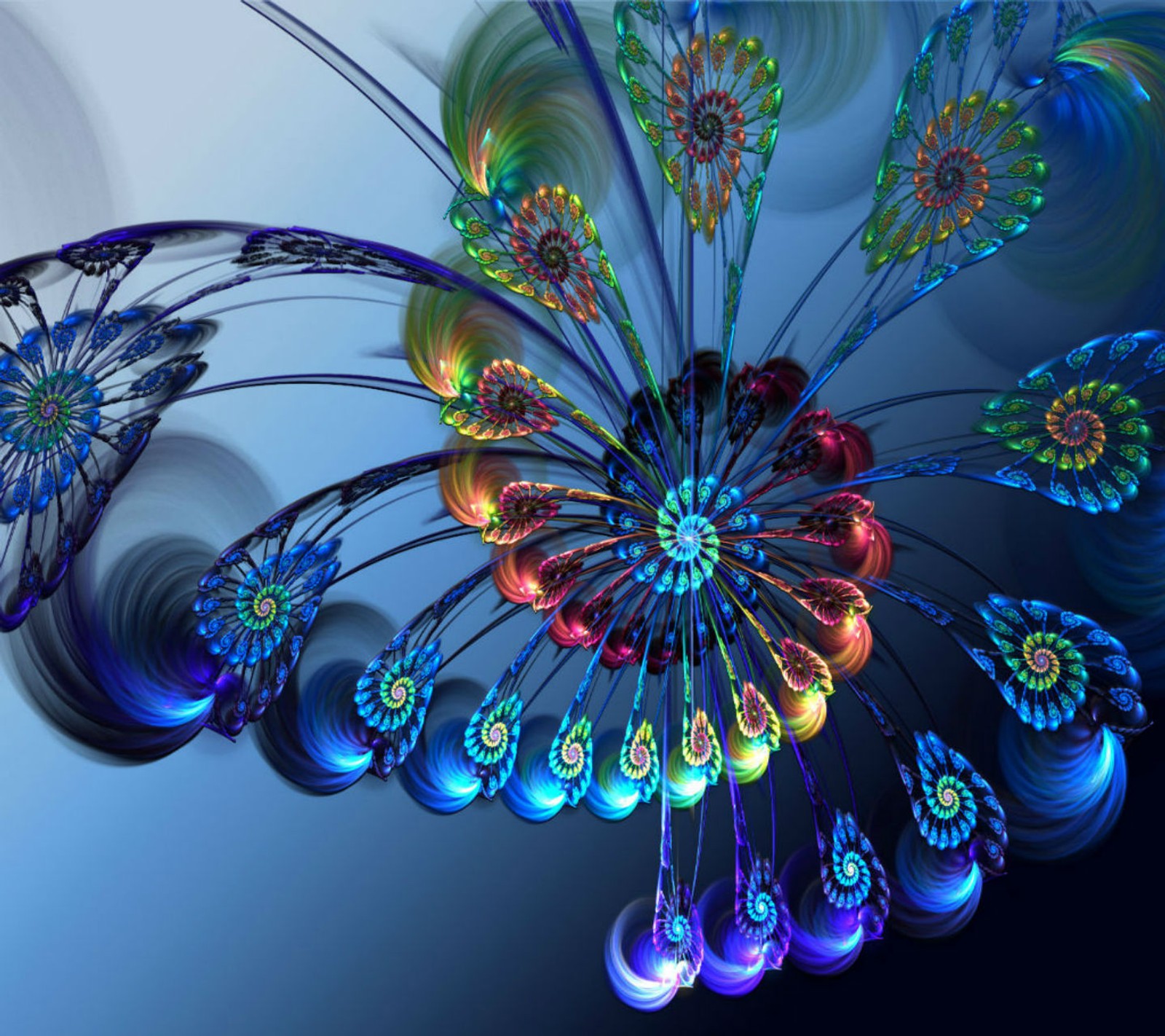 Arte abstracto de colores brillantes de una flor con fondo azul (2013, 3d, abstracto, hermoso, salpicadura de color)