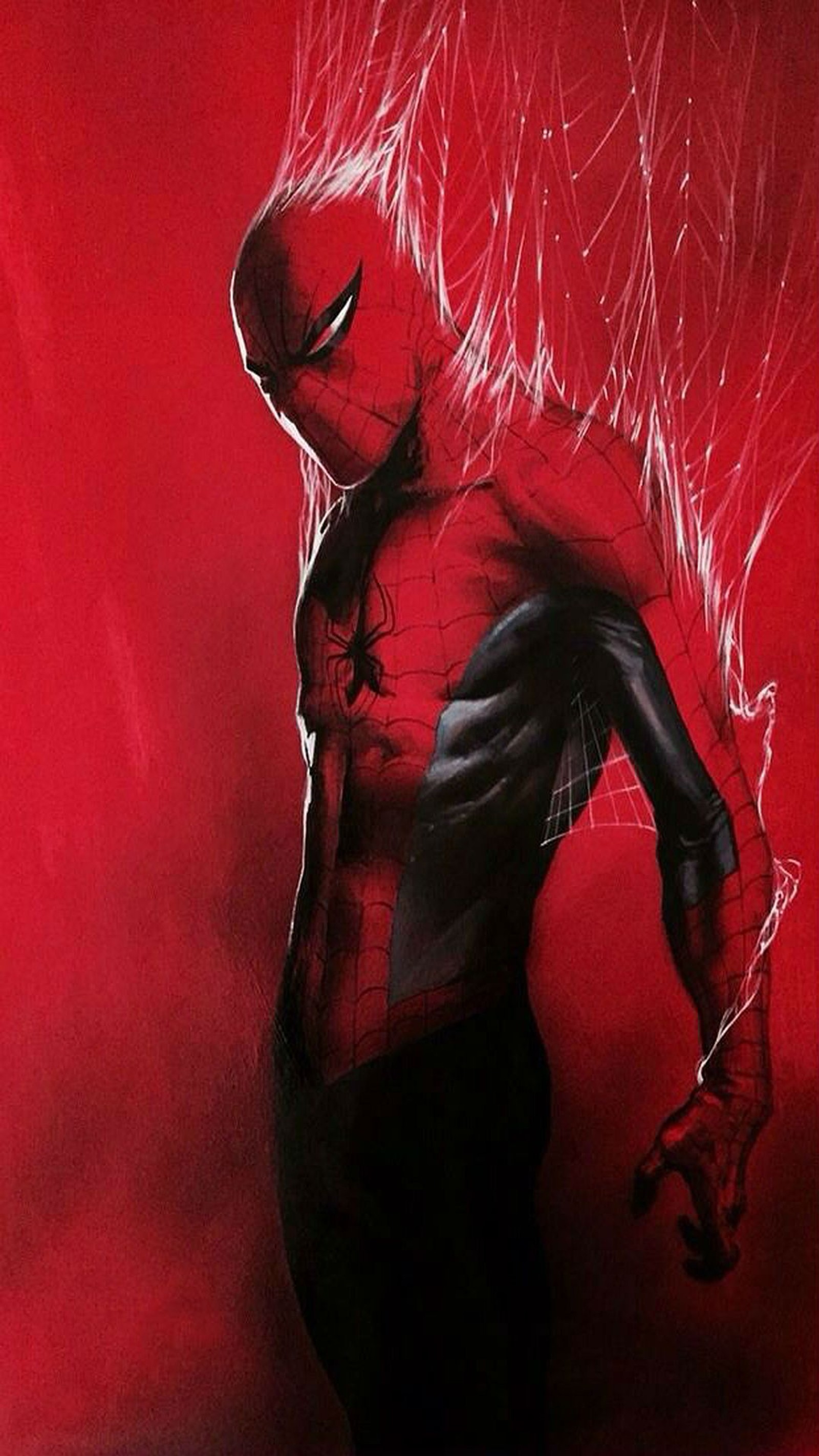 Spiderman dans un costume rouge avec une cape noire (homme, araignée)