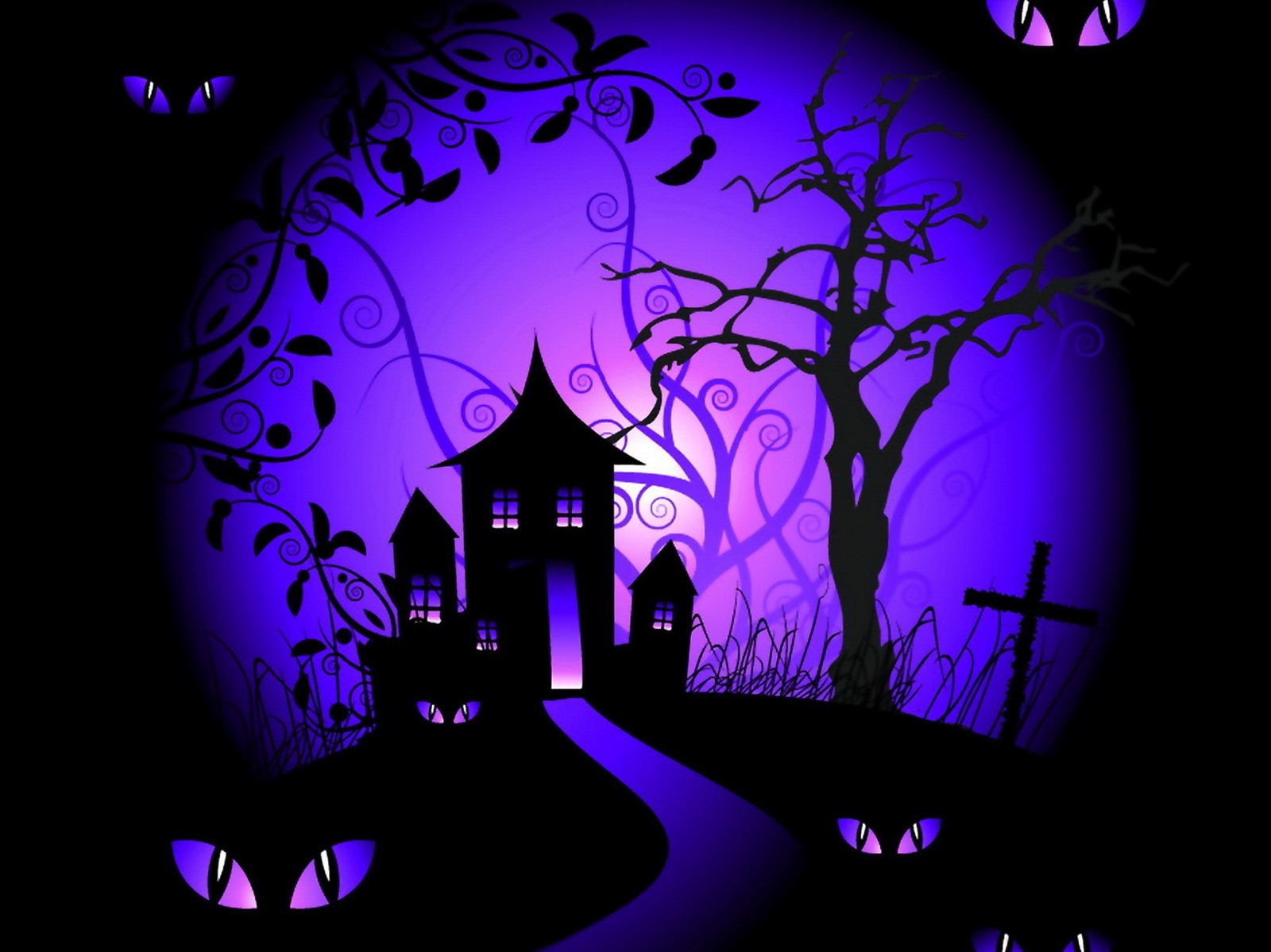 Un fond d'halloween violet et noir avec un château et un cimetière (sombre, halloween, nuit, purple night)