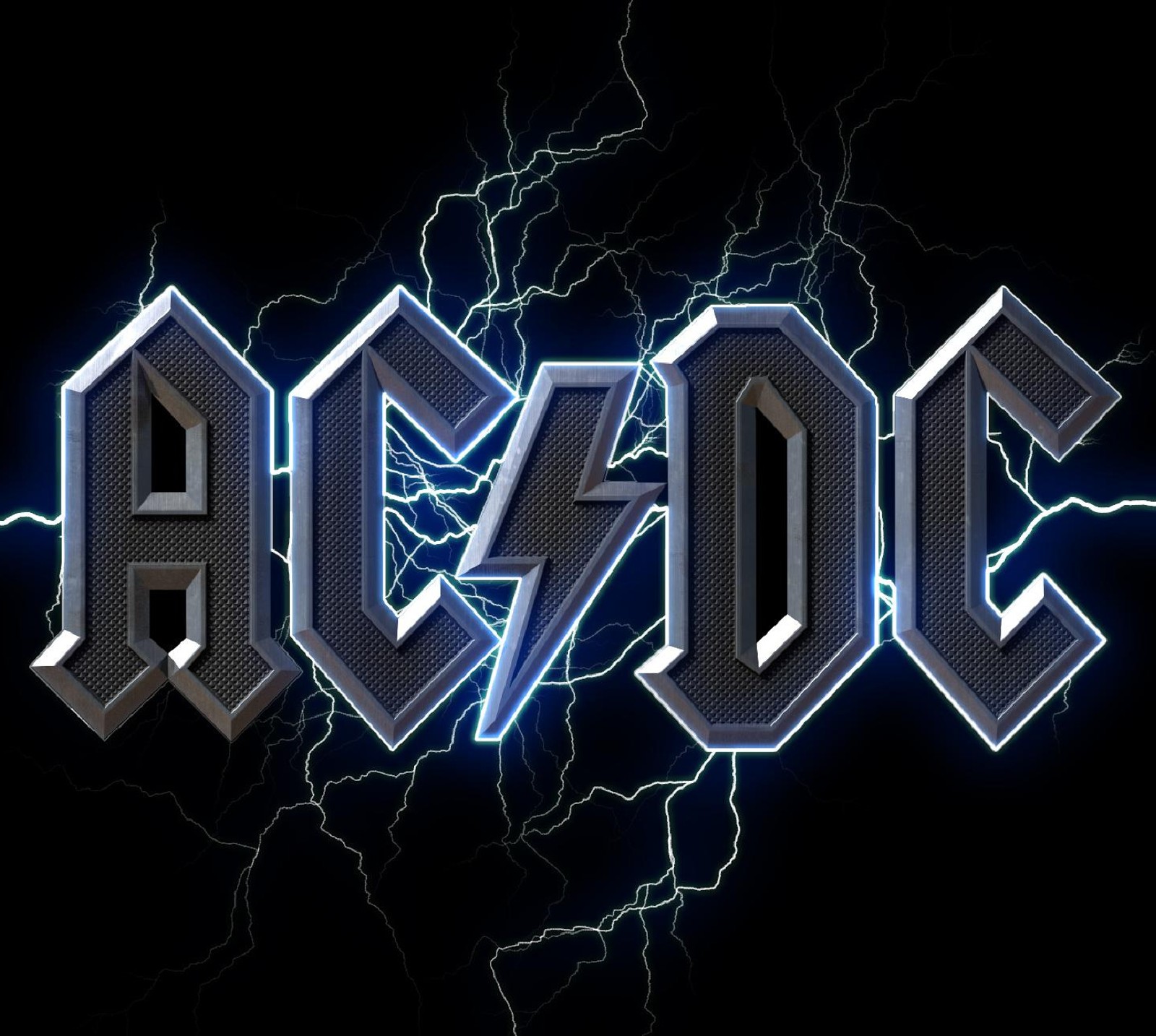 Ac / dc-logo mit blitz und blauen buchstaben (acdc, ac dc, logo)