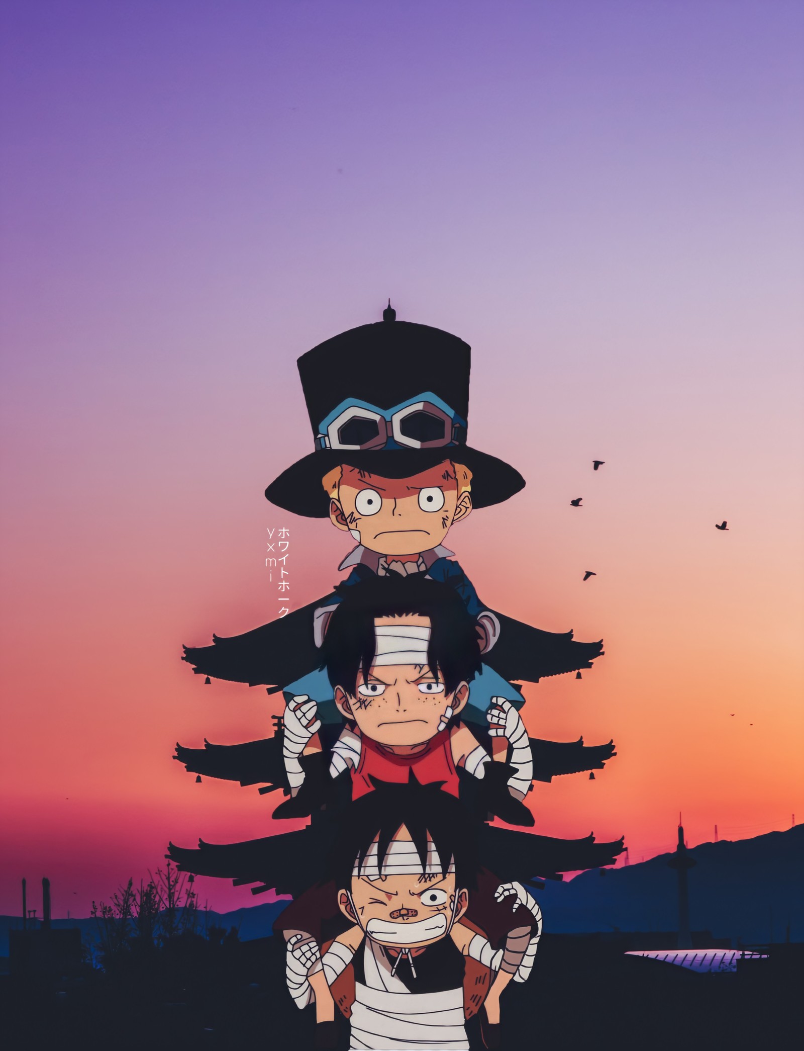 Des personnages d'anime empilés les uns sur les autres devant un coucher de soleil (as, anime, animeedit, luffy, manga)