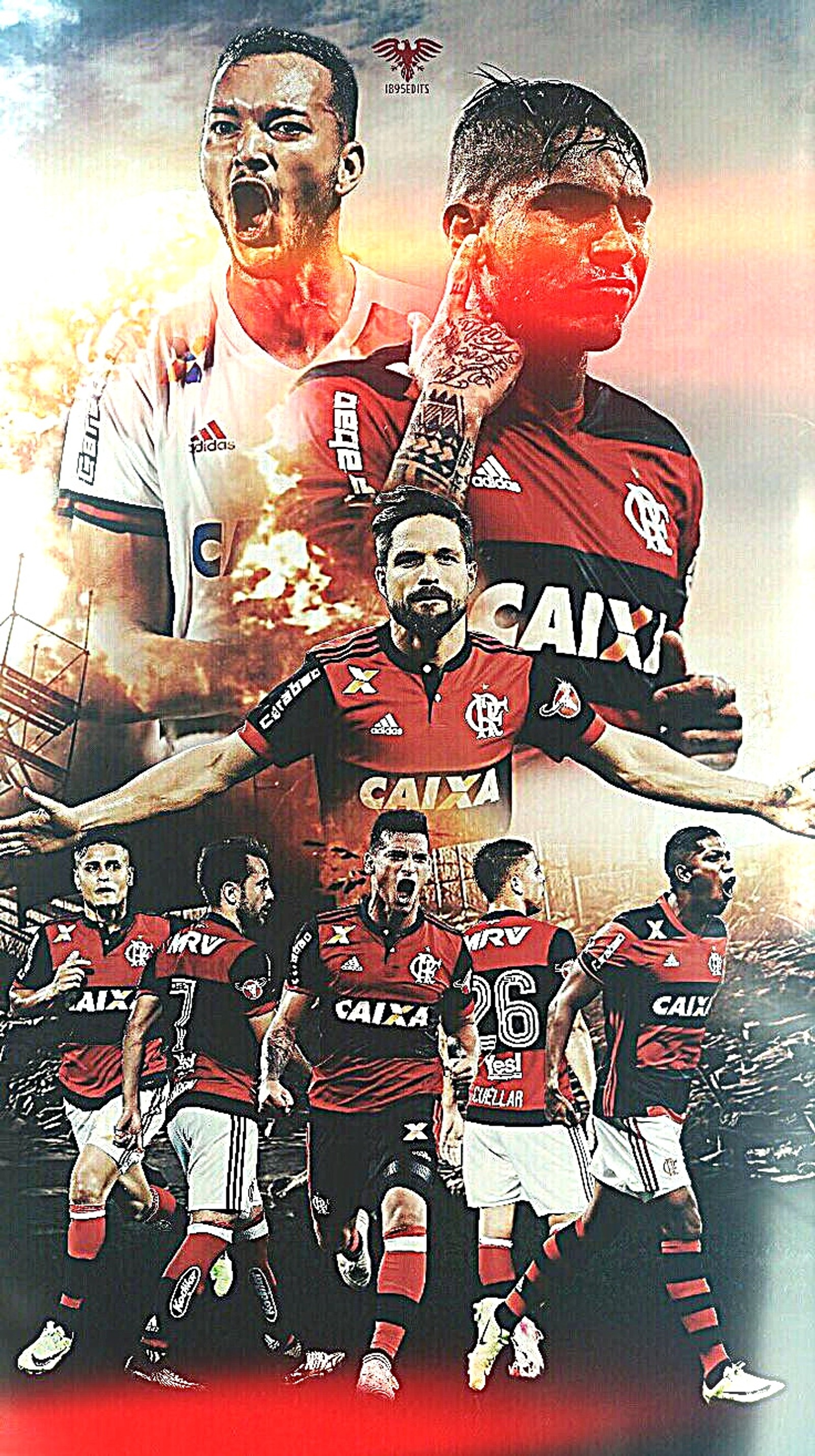 There are many different pictures of a soccer team on this poster (c r flamengo, cuellar, diego, equipe flamengo, er7)