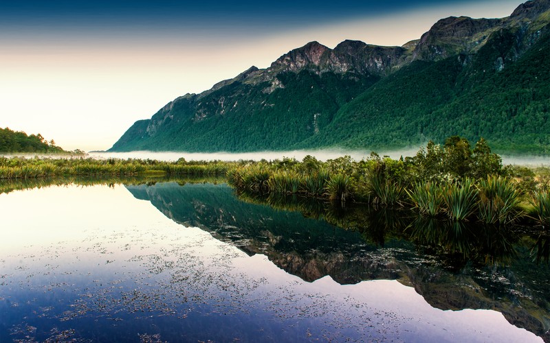 Вид на озеро с горой на заднем плане (mirror lakes, новая зеландия, new zealand, туман, гора)