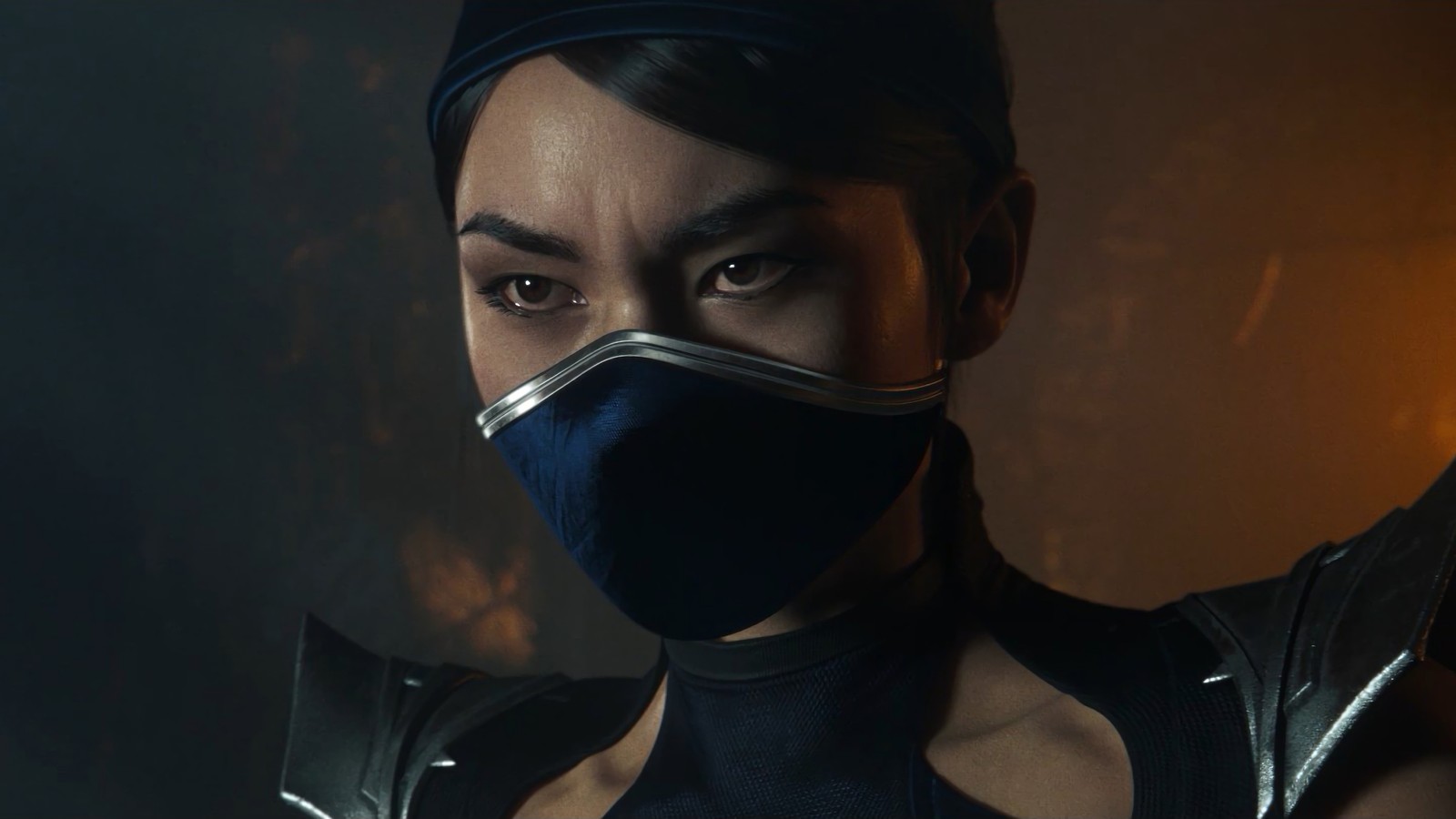 Женщина в маске и кожаном костюме держит нож (китана, kitana, mortal kombat 11, видеоигра)