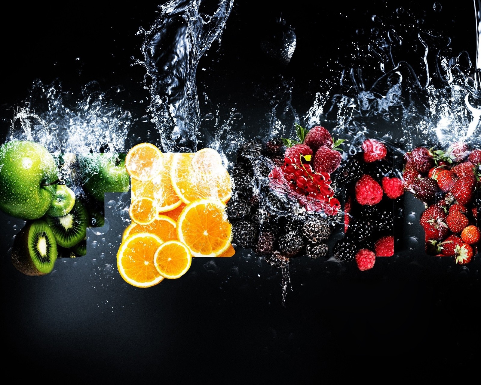 There are many fruits and vegetables being splashed with water (berried, kiwi, orange, splash, water)