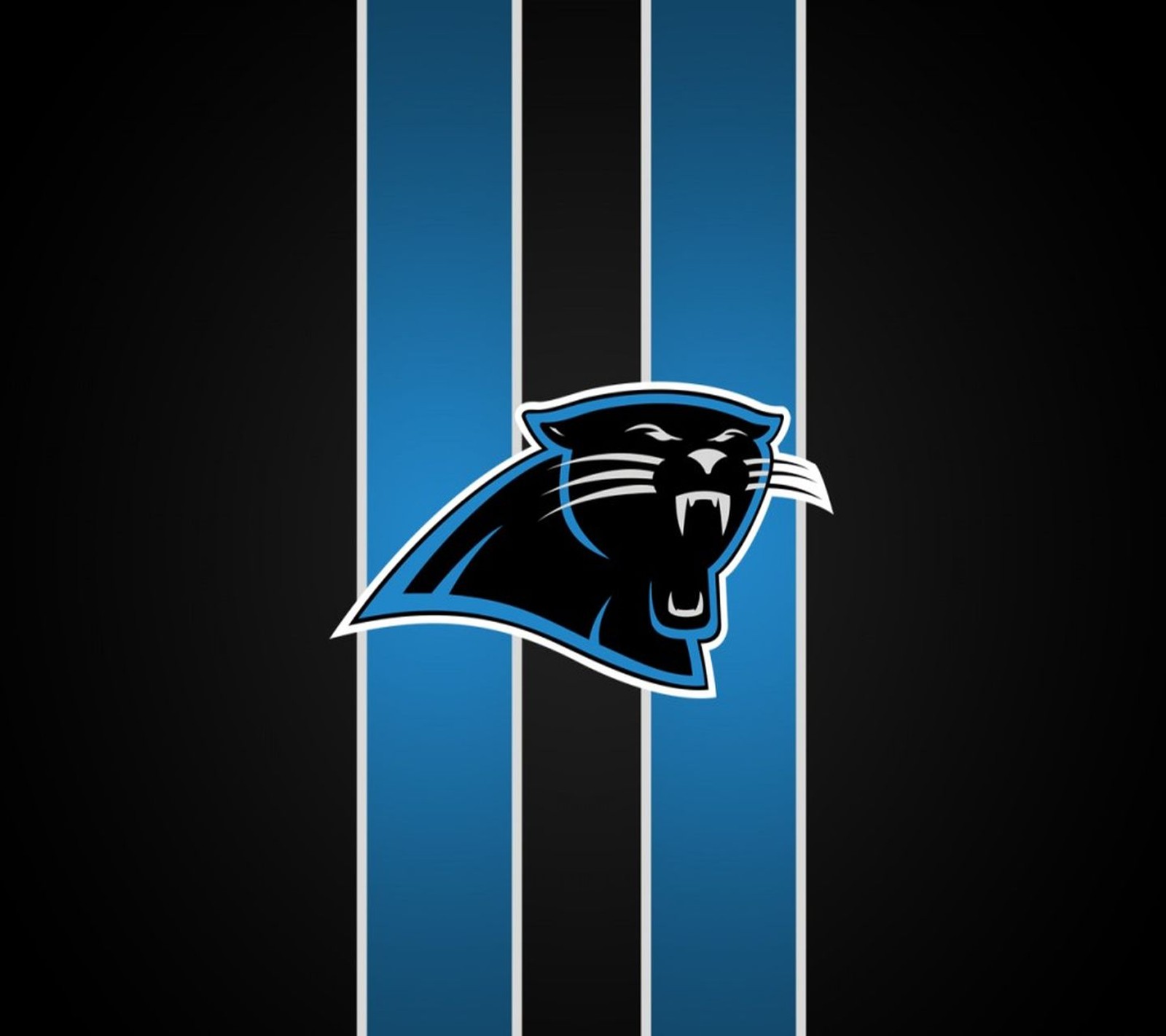 Un primer plano del logo de carolina panthers sobre un fondo de rayas negro y azul (carolina panthers, nfl)