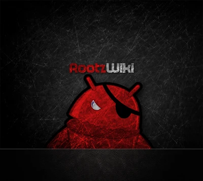 Mascote Android vermelho com um tapa-olho de pirata, contra um fundo preto texturizado, apresentando o texto "RootzWiki".