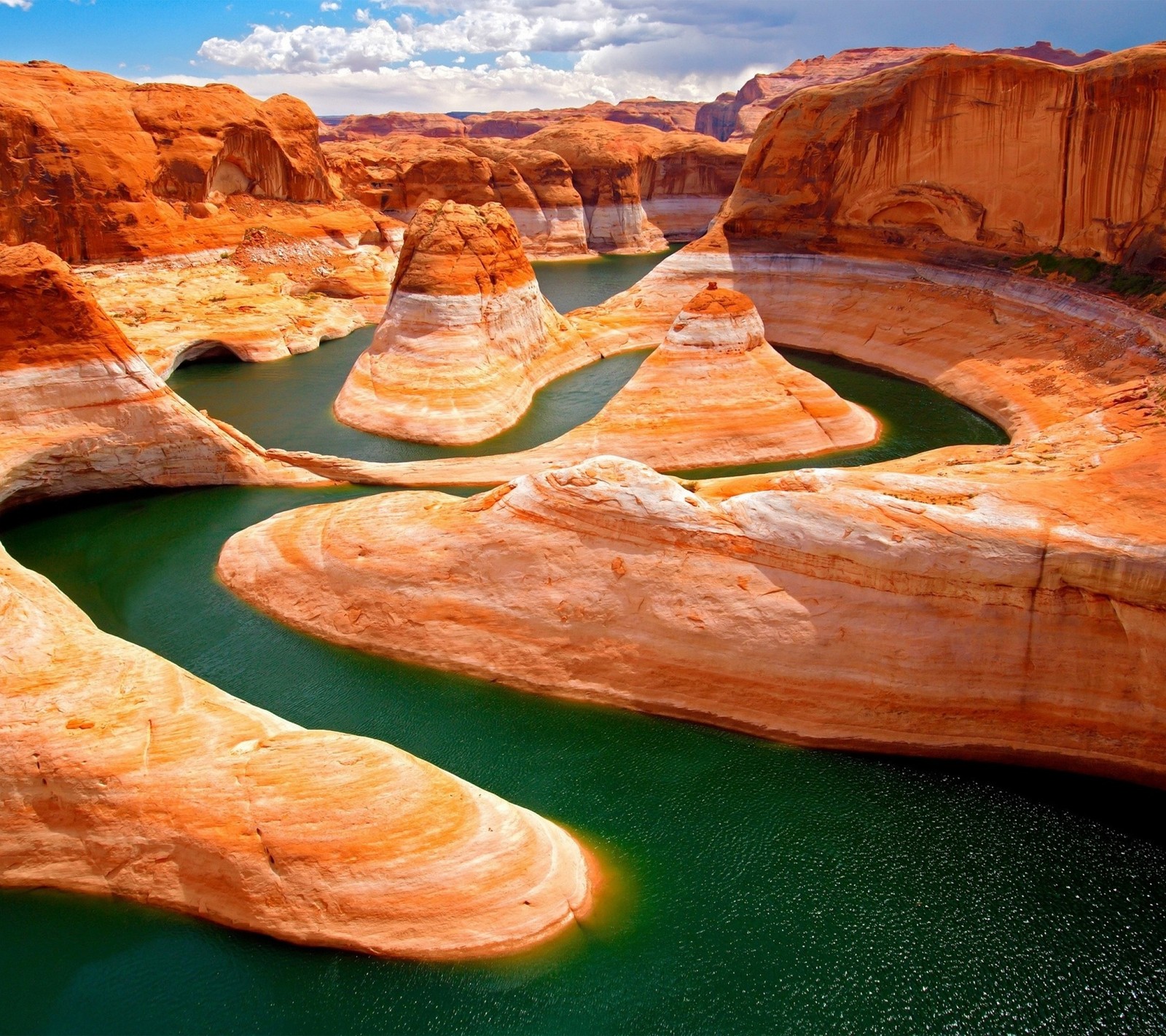 Cañones de arizona de roca roja y naranja con un río verde (cañón, roca, sean, piedra, agua)