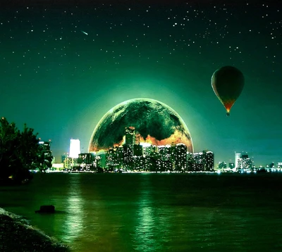 Paisaje urbano bajo un resplandor celestial con un globo aerostático