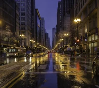 Rainy Night Reflections on Chicago Streets