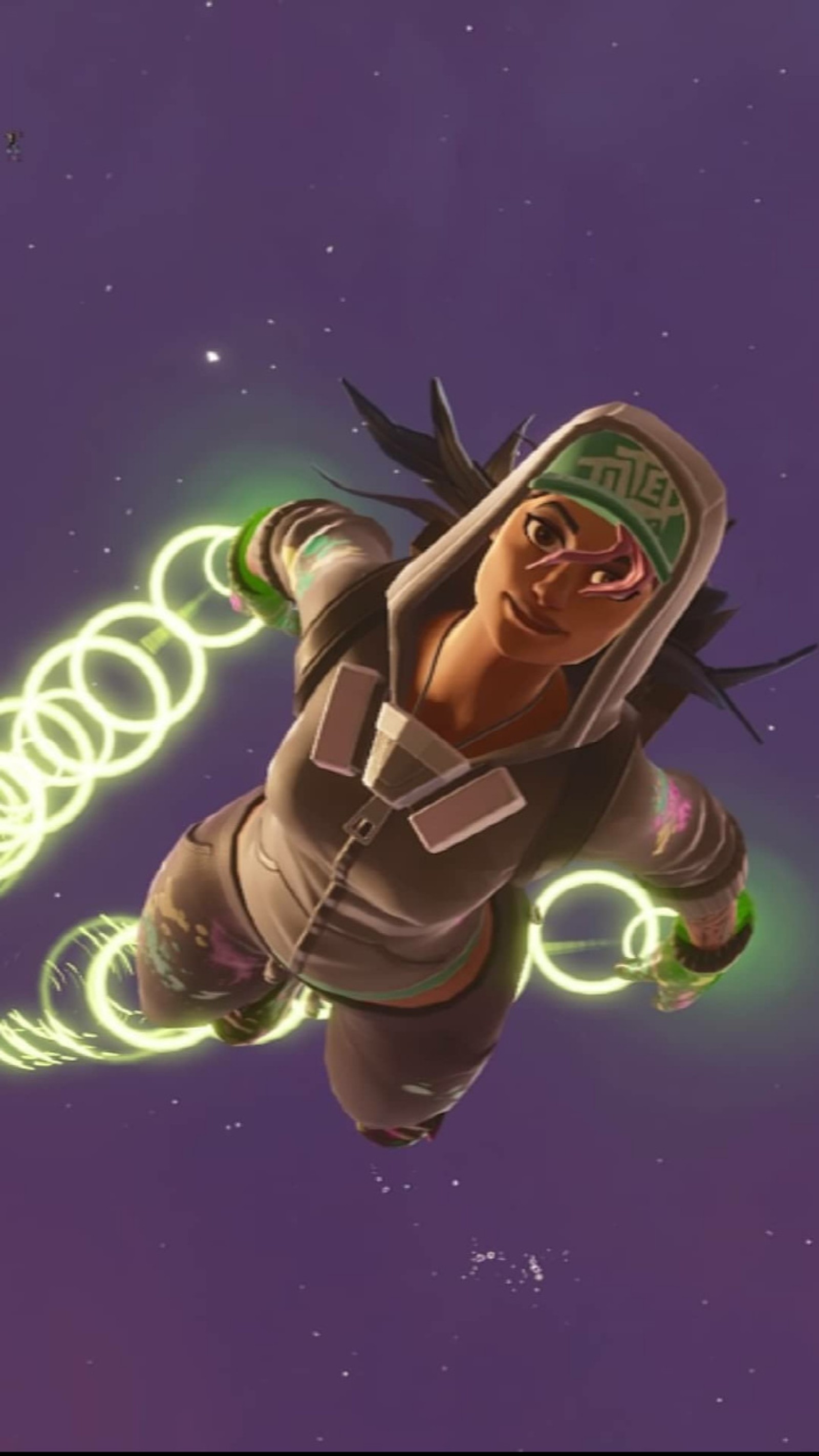 A close up of a person flying through the air with a light (fortnite, wallpaper)