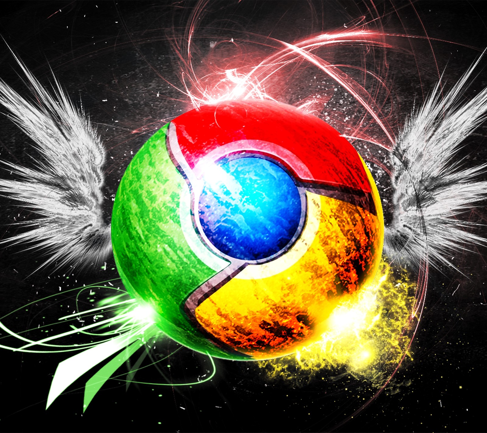 A close up of a colorful google chrome ball with wings (chrome, computer, google, os, tech)