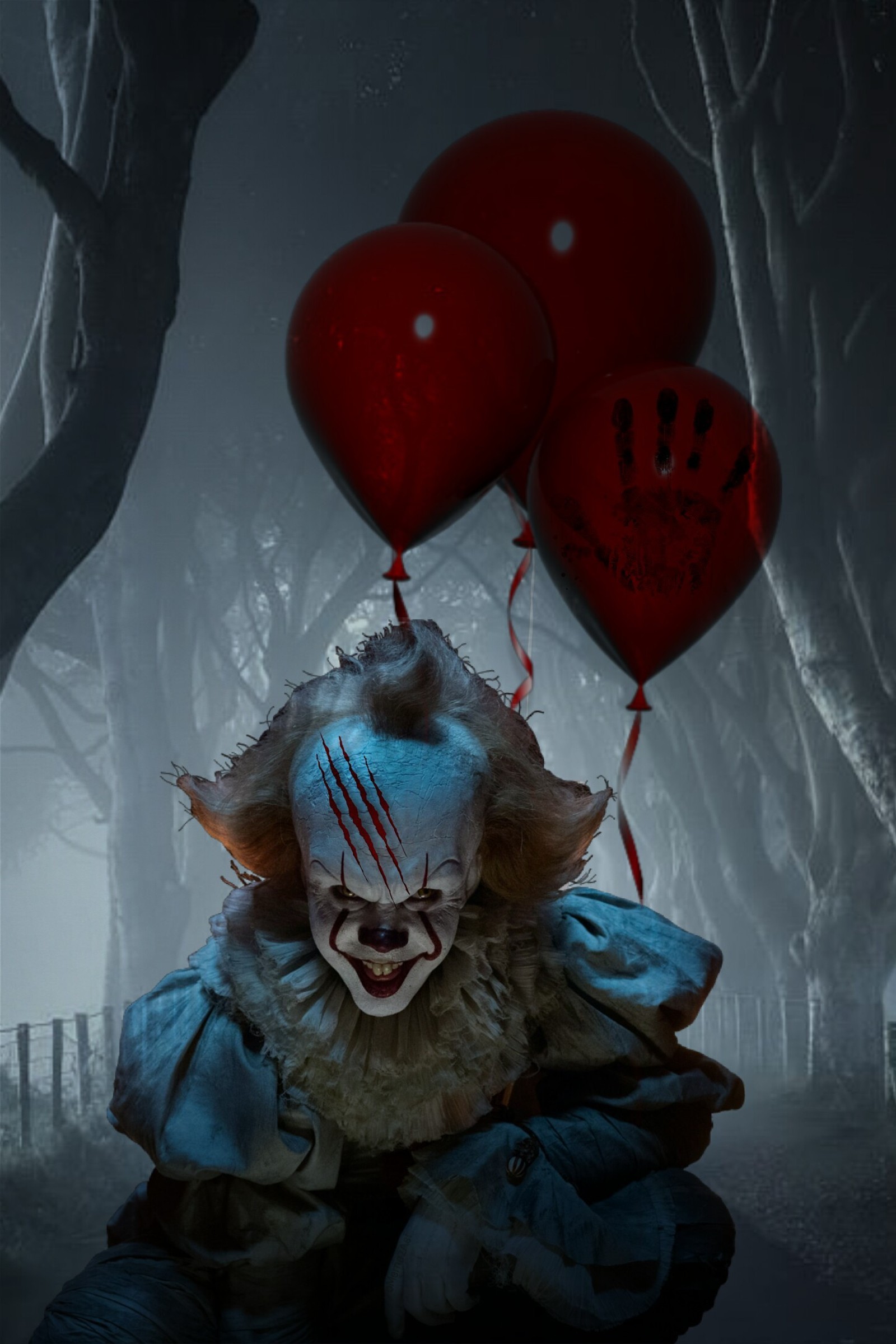 Payaso con globos rojos sentado en el suelo en un bosque oscuro (todos, globo, payaso, flotar, horror)