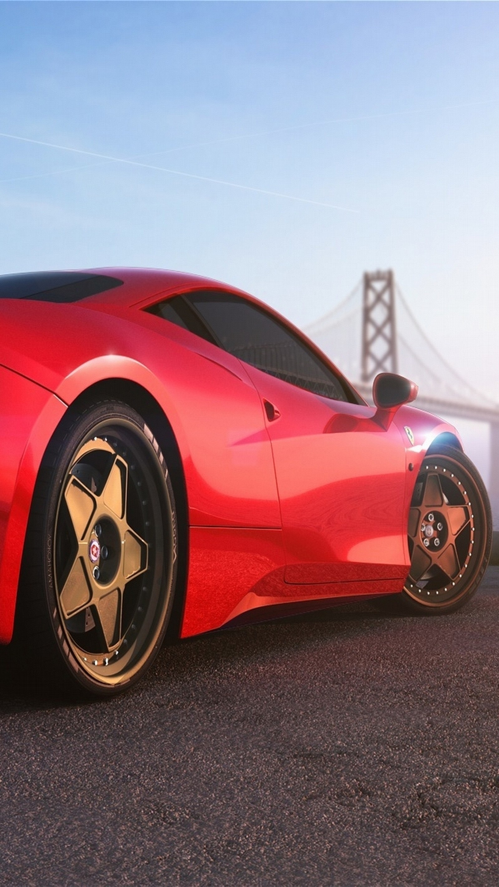 A close up of a red sports car parked in front of a bridge (auto, car, coupe, red, vehicle)