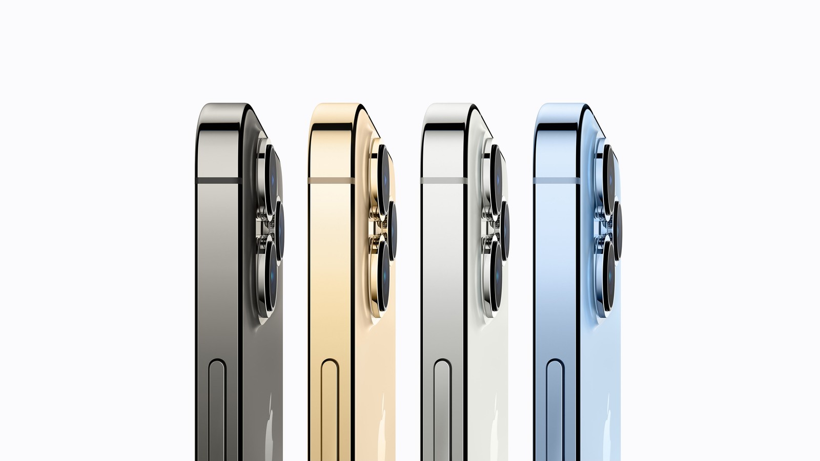 Several different colored cell phones are lined up in a row (apple, iphone 13, pro)