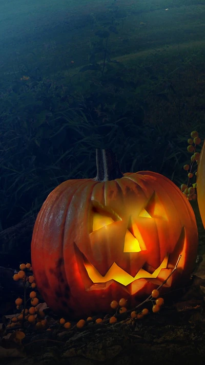 Leuchtende Kürbislaterne in einer dunklen Halloween-Nacht