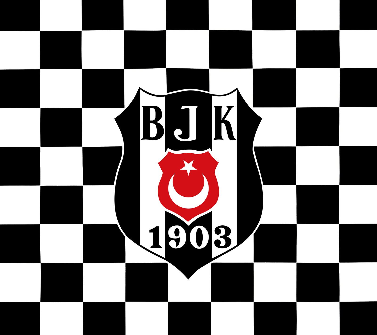 Nahaufnahme eines schwarz-weißen karierten hintergrunds mit einem rot-weißen wappen (besiktas, bjk, schwarz, dame, adler)