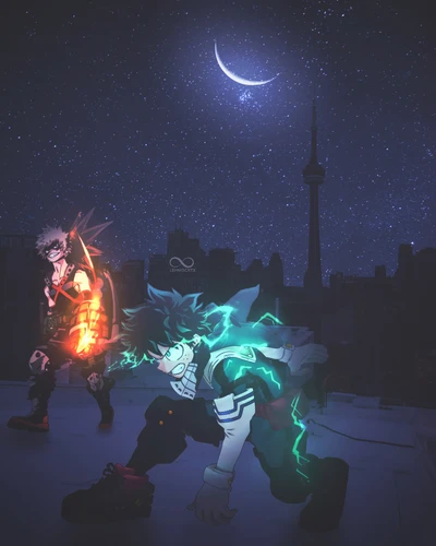 Bakugo und Midoriya in einer sternenklaren Nacht - Mein Held Akademie Hintergrundbild