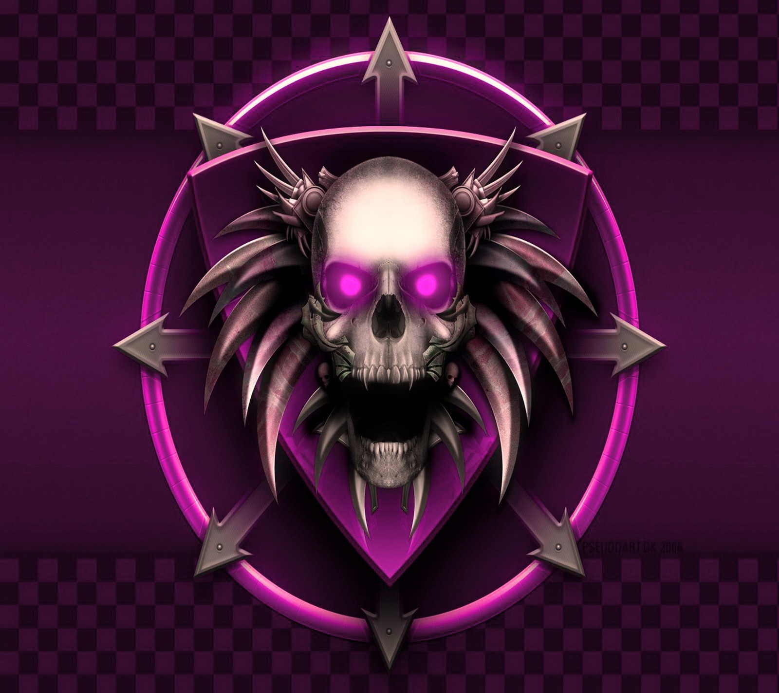 A purple skull with spikes and a crown on it (abstract, purple skull)