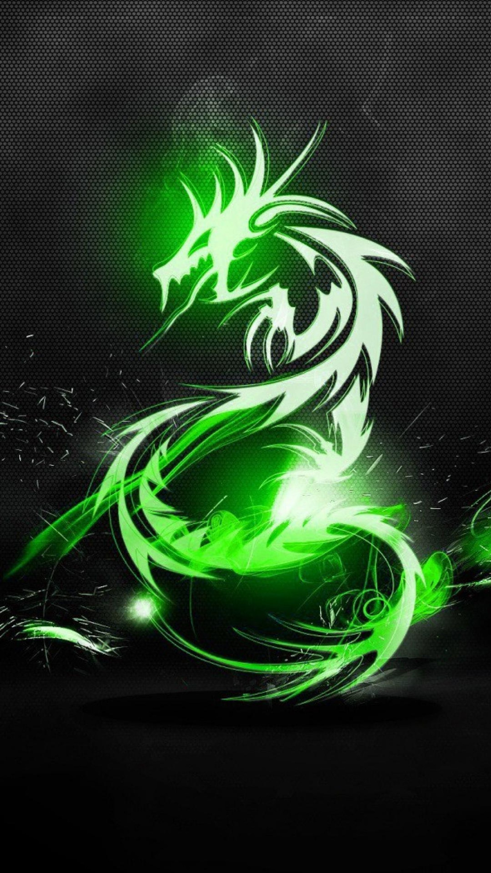 A green dragon with glowing eyes and a black background (design, dragon, neon)