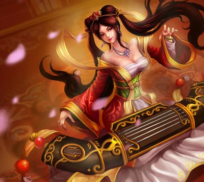 Personaje de fantasía encantador con un guqin en un entorno de League of Legends