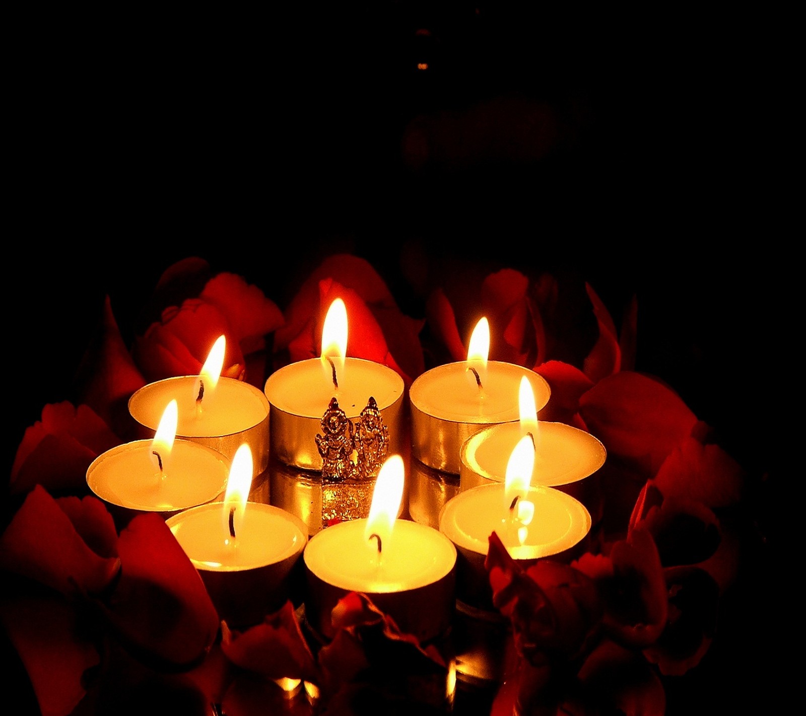 Candles are lit in a circle with roses and petals around them (festival, firework)