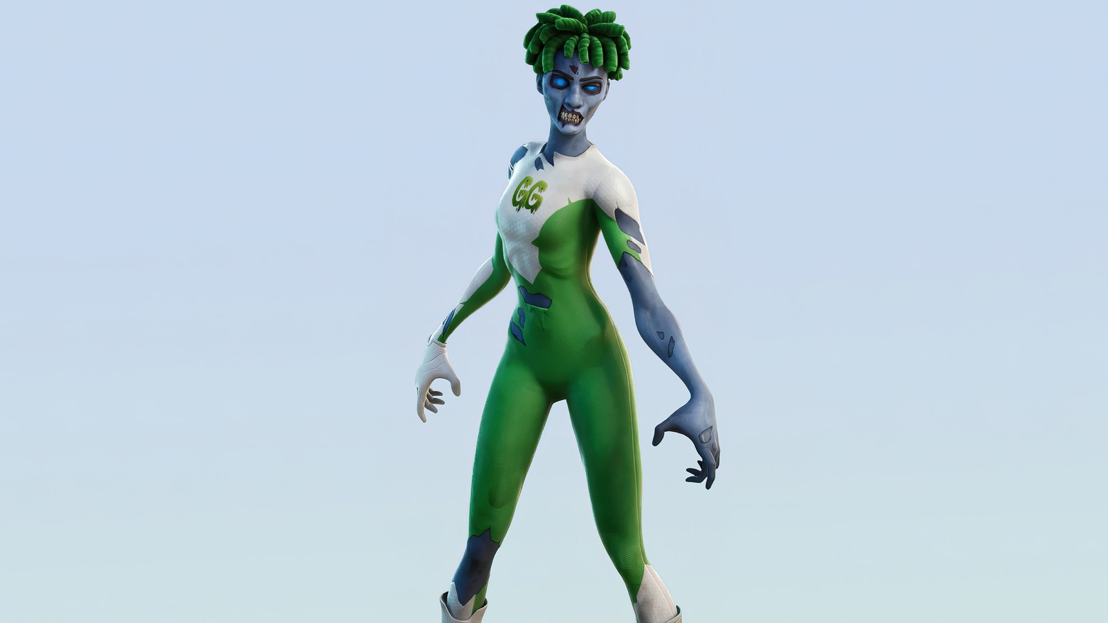 Un gros plan d'une personne en costume vert et blanc (theyre back lash, fortnite, battle royale, jeu vidéo, tenue épique)