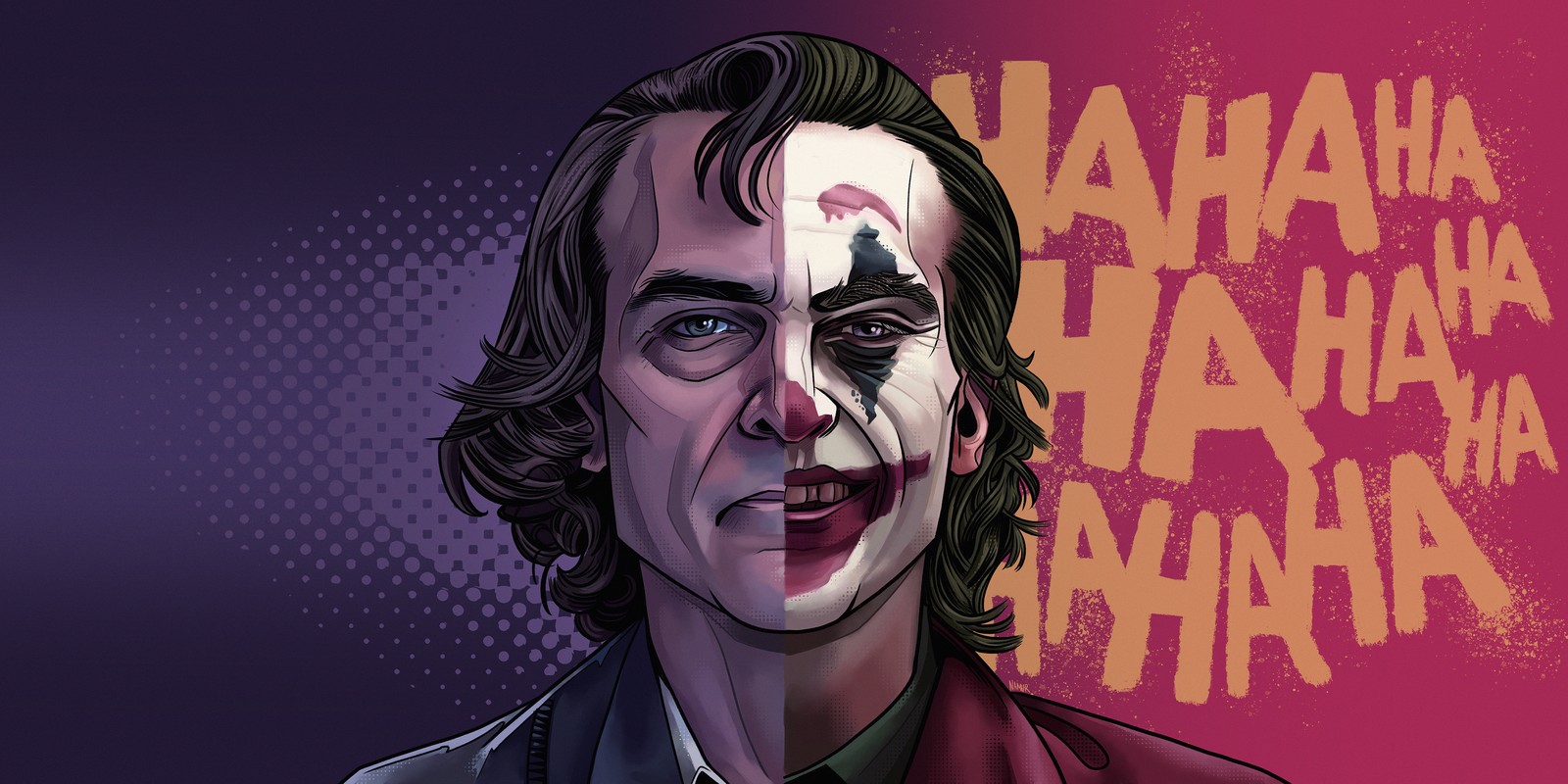 Un dibujo animado de un hombre con cara de bromista y un fondo rojo (joker, ilustración, supervillano, arte, diseño gráfico)