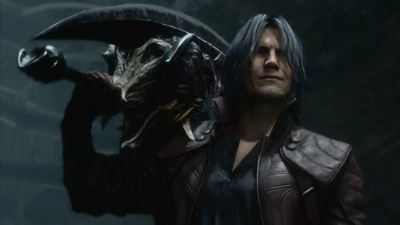 Dante de Devil May Cry 5 con un arma demoníaca, que irradia confianza y poder.