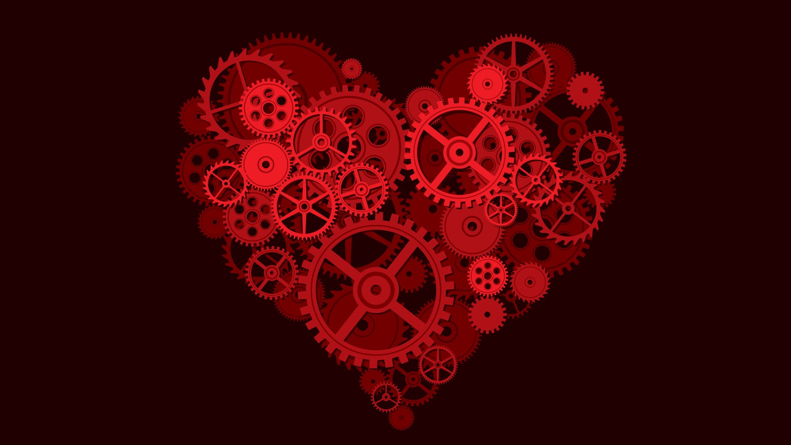 A red heart made of gears on a black background (heart, red, valentines day, textile, love)