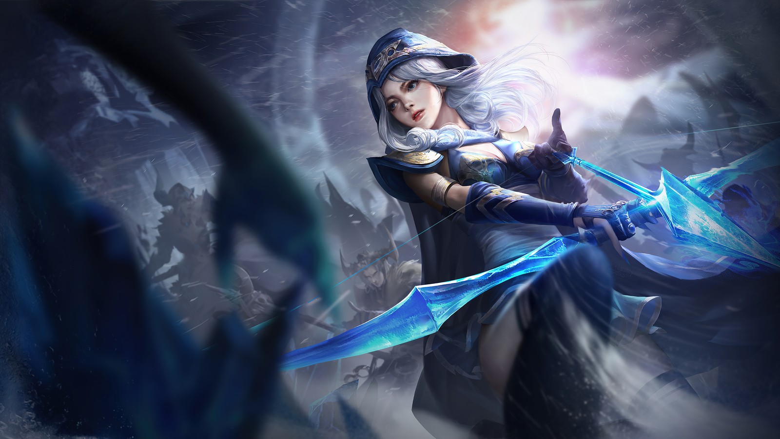 Eine frau in einem blauen outfit hält ein schwert in einem dunklen raum (ashe, lol, league of legends, videospiel)