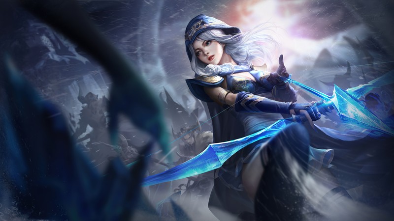 Женщина в синем костюме держит меч в темной комнате (ashe, lol, league of legends, видеоигра)