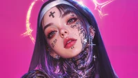 Freira de anime futurista com tatuagens intrincadas e aura vibrante