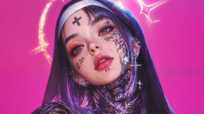 Futuristic Anime Nun with Intricate Tattoos and Vibrant Aura