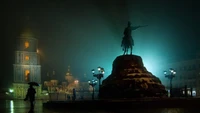 Monument of Saint Volodymyr Illuminated at Night in Kiev