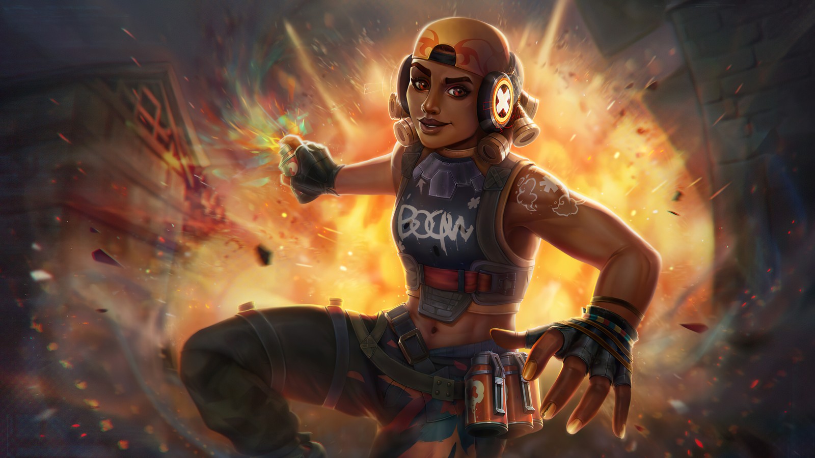 A woman in a helmet and gloves holding a gun in front of a fire (raze, valorant, video game, art)