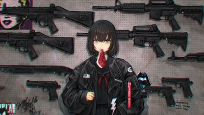 Fille d'anime en veste noire tenant une arme avec un bandana dans la bouche, entourée de divers fusils et armes.