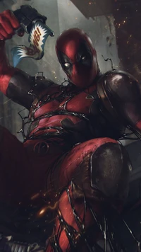 Deadpool emerge das sombras, enredado em tentáculos simbióticos, segurando um sinal brincalhão de "BANG!", incorporando uma mistura de caos e humor em uma cena escura e dinâmica.