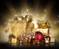 Elegante Weihnachtsstillleben mit goldenen Geschenken und Ornamenten