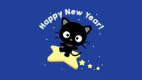 Chococat celebra el Año Nuevo contra un fondo azul estrellado