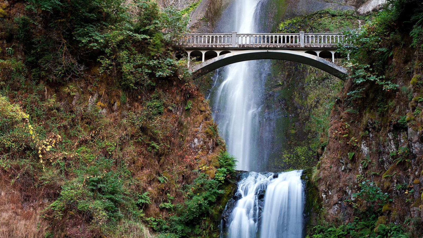 Pont aérien au-dessus d'une cascade avec une cascade en bas (chutes de multnomah, multnomah falls, rivière columbia, la cascade, ressources en eau)